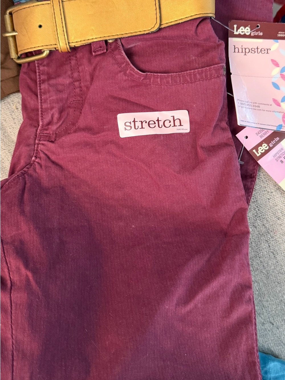Lee Girls Hipster Stretch Pants in Burgundy with Gold Belt